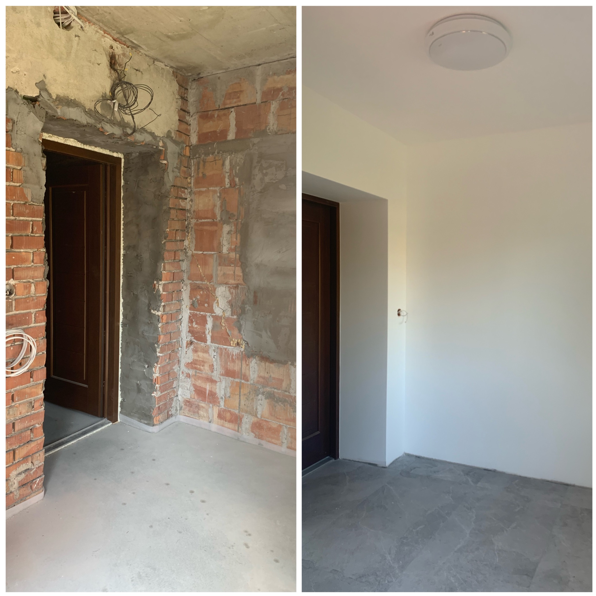 Porównanie stanu surowego i wykończonego wnętrza: odsłonięta cegła vs. gładkie, pomalowane ściany, surowy beton vs. szare płytki. Widoczne drzwi w obu ujęciach.