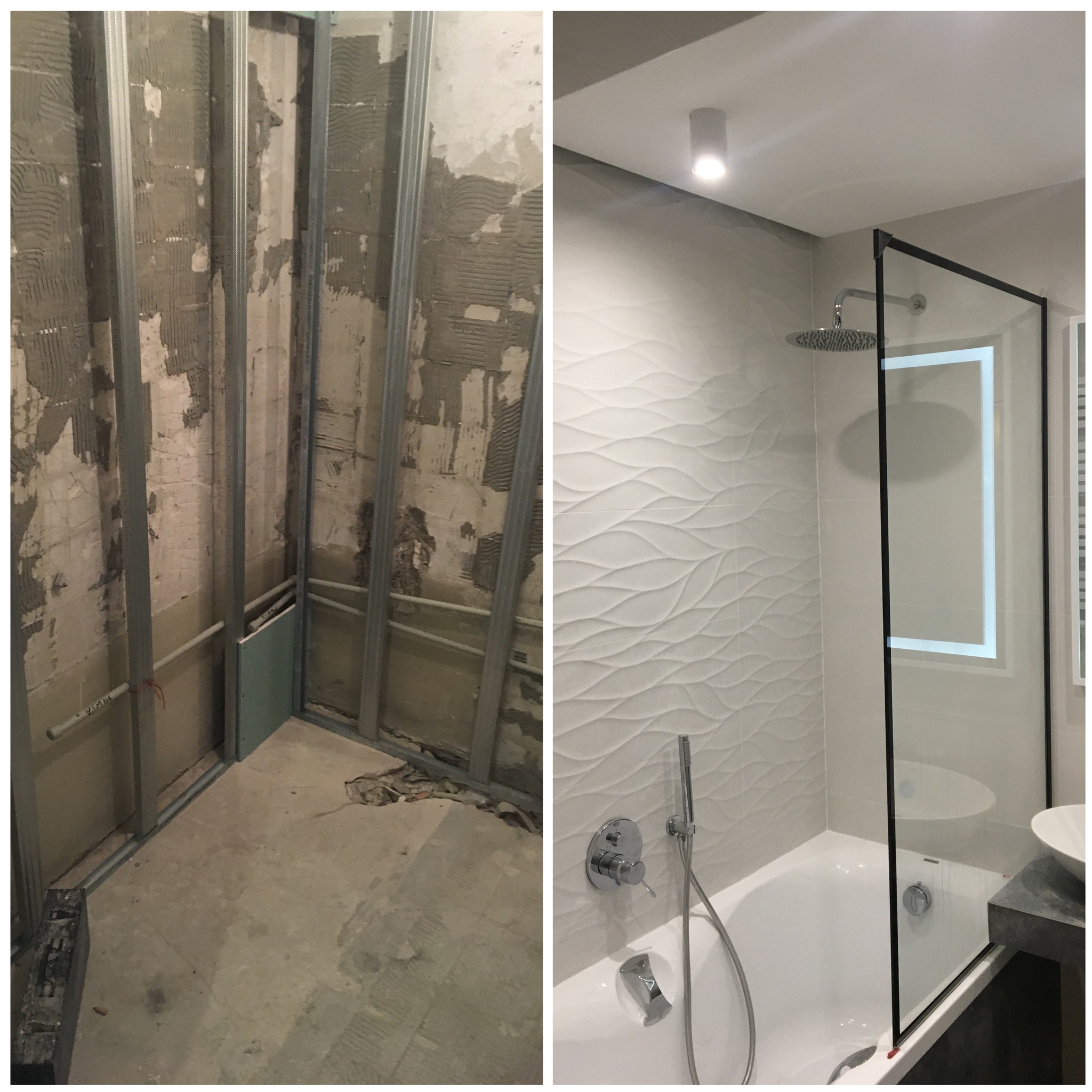 Zdjęcie 'przed i po' prezentujące remont łazienki: surowe ściany z metalową konstrukcją oraz wykończona łazienka z wanną, kabiną prysznicową i dekoracyjnymi płytkami.