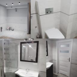 ROYAL BUD Kompleksowe Wykończenia wnętrz YURII TYMOSHCHUK - Mozaika zdjęć przedstawiająca etapy metamorfozy łazienki: od surowego stanu z widocznymi puszkami farb do wykończonej przestrzeni z kabiną prysznicową, umywalką, toaletą i lustrem.