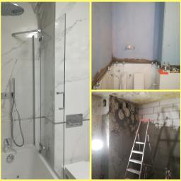 ROYAL BUD Kompleksowe Wykończenia wnętrz YURII TYMOSHCHUK - Kolaż przedstawiający etapy prac w łazience: wykończona strefa kąpielowa z kabiną prysznicową i wanną na tle białych marmurowych płytek, oraz fragment łazienki w trakcie układania płytek i surowy...