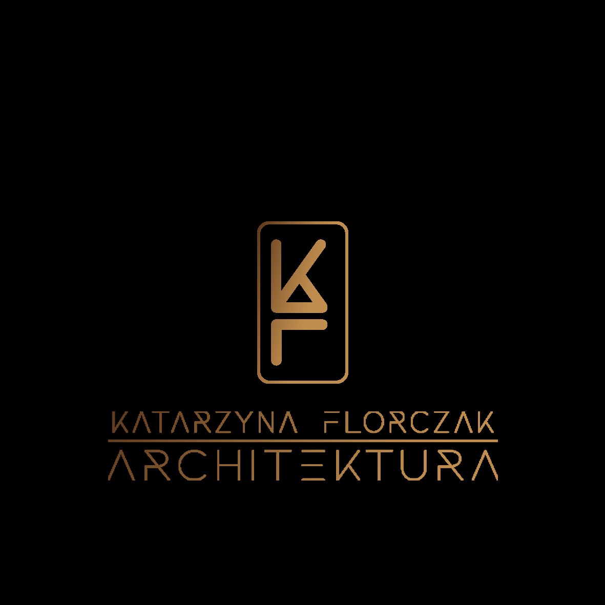 Złote logo firmy Katarzyna Florczak Architektura na czarnym tle, przedstawiające inicjały 'KF' w prostokątnej ramce.