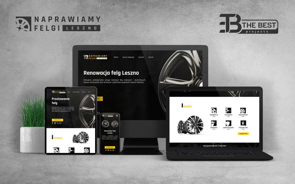 Responsywna strona internetowa firmy Naprawiamy Felgi Leszno wyświetlana na monitorze, laptopie, tablecie i smartfonie, prezentująca ofertę renowacji felg.