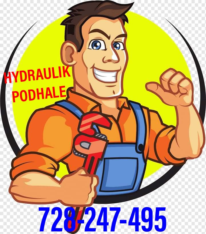 Karykatura hydraulika z kluczem francuskim, na żółtym tle, z napisem 'Hydraulik Podhale' i numerem telefonu.