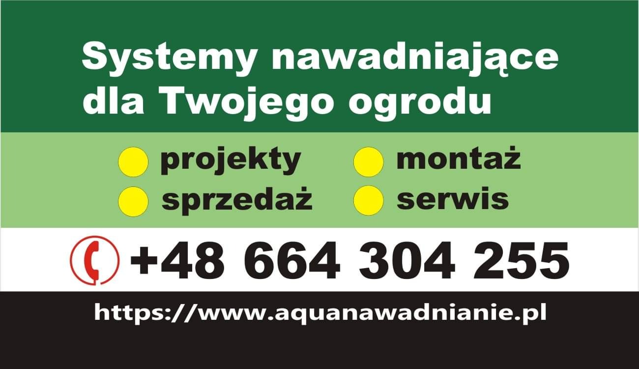 Grafika reklamowa firmy oferującej systemy nawadniające: projekty, montaż, sprzedaż i serwis, z numerem telefonu i adresem strony internetowej.