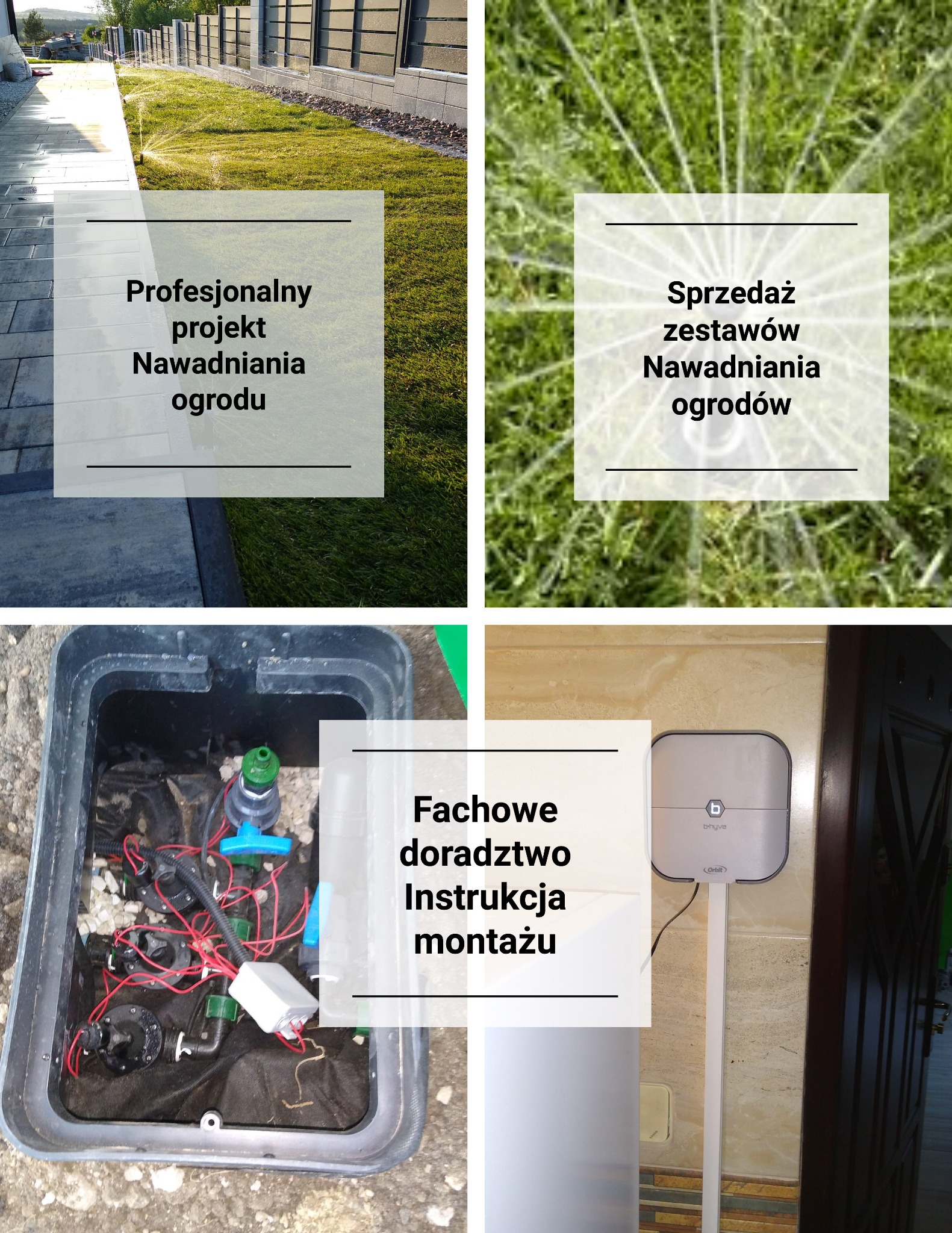 Cztery kadry: instalacja nawadniania w ogrodzie w Chałupkach, zbliżenie zraszacza, skrzynka sterująca z przewodami, panel sterujący systemem nawadniania.