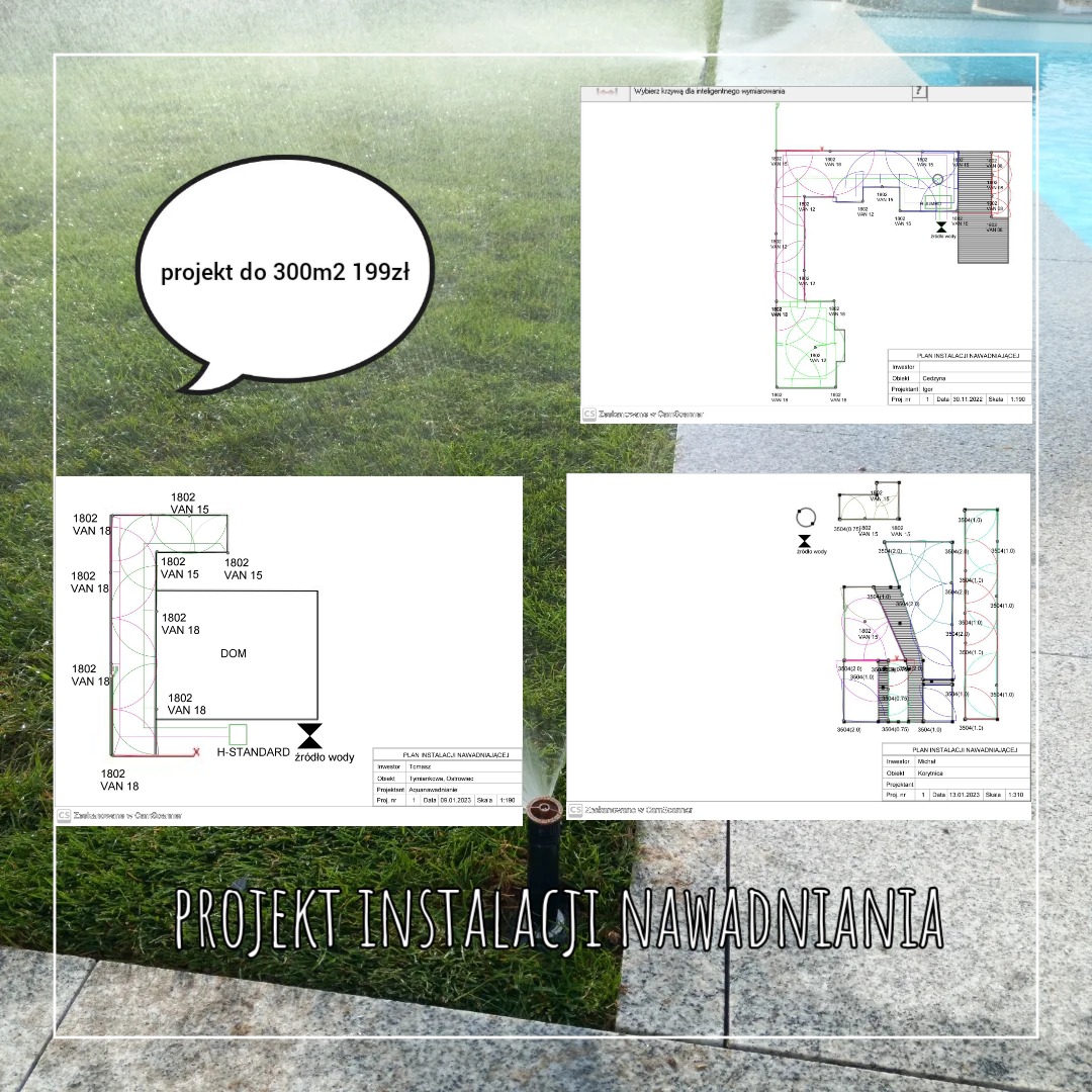 Projekt instalacji nawadniania ogrodu z widocznymi schematami rozmieszczenia zraszaczy, planem sytuacyjnym i informacją o cenie projektu dla powierzchni do 300m2.