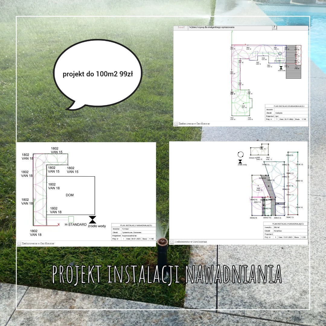 Projekt instalacji nawadniania z planami rozmieszczenia zraszaczy, schematem hydraulicznym i ofertą cenową do 100m2, widok z trawnikiem.
