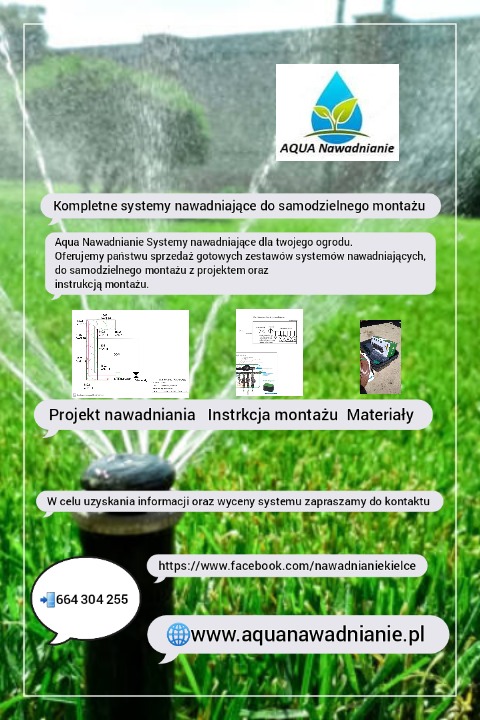 Grafika reklamowa prezentująca system nawadniania trawnika z rozpryskiwaczem, ofertę gotowych zestawów do samodzielnego montażu, projekt nawadniania, instrukcję montażu oraz materiały, z logo Aqua...
