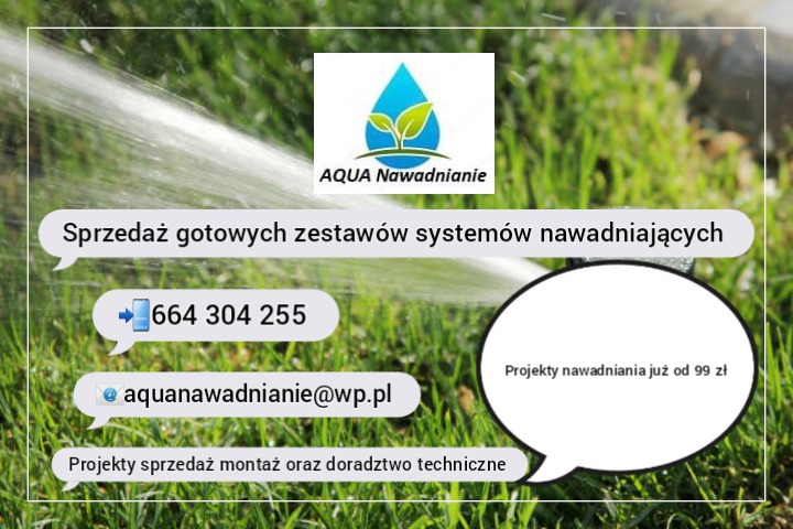 Reklama firmy Aqua Nawadnianie: system nawadniania w akcji, widoczny strumień wody na tle trawy, logo firmy oraz dane kontaktowe i oferta promocyjna na projekty nawadniania.