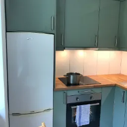 Kuchnia z zielonymi szafkami, białą lodówką Whirlpool, płytą indukcyjną z garnkiem i piekarnikiem z niebiesko-białą ścierką, oświetlona punktowo