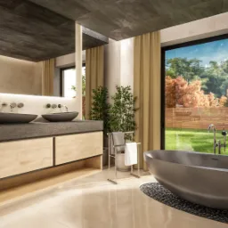 Nowoczesna łazienka z dwoma umywalkami w kształcie mis, betonowym blatem, beżowymi szafkami i wolnostojącą wanną z widokiem na ogród przez duże okno.
