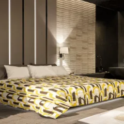 Nowoczesna sypialnia z łazienką en suite. Uwagę przykuwają dekoracyjne panele ścienne, geometryczna narzuta na łóżko i wolnostojąca wanna w ciemnej tonacji.