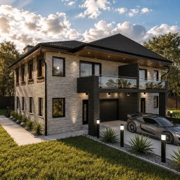 SDesign3D projektowanie wnętrz oraz wizualizacje 3D - Dwukondygnacyjny dom z garażem i balkonem, wykończony kamieniem elewacyjnym, z nowoczesnym samochodem na podjeździe, oświetlony promieniami zachodzącego słońca.