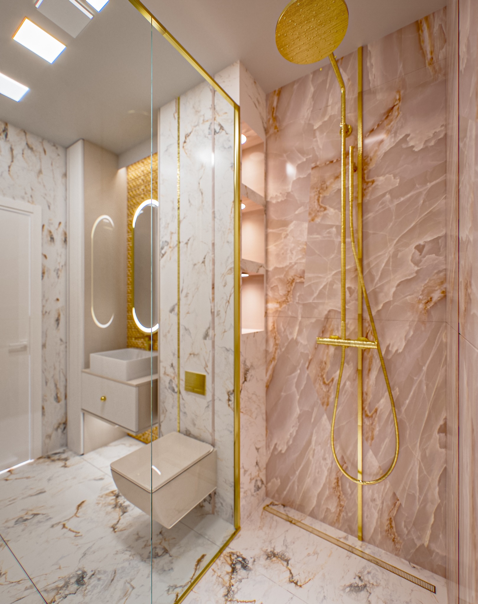 Elegancka łazienka z marmurowymi płytkami, złotymi akcentami i nowoczesną armaturą. Kabina prysznicowa ze szklaną ścianką. Lustro z podświetleniem LED.