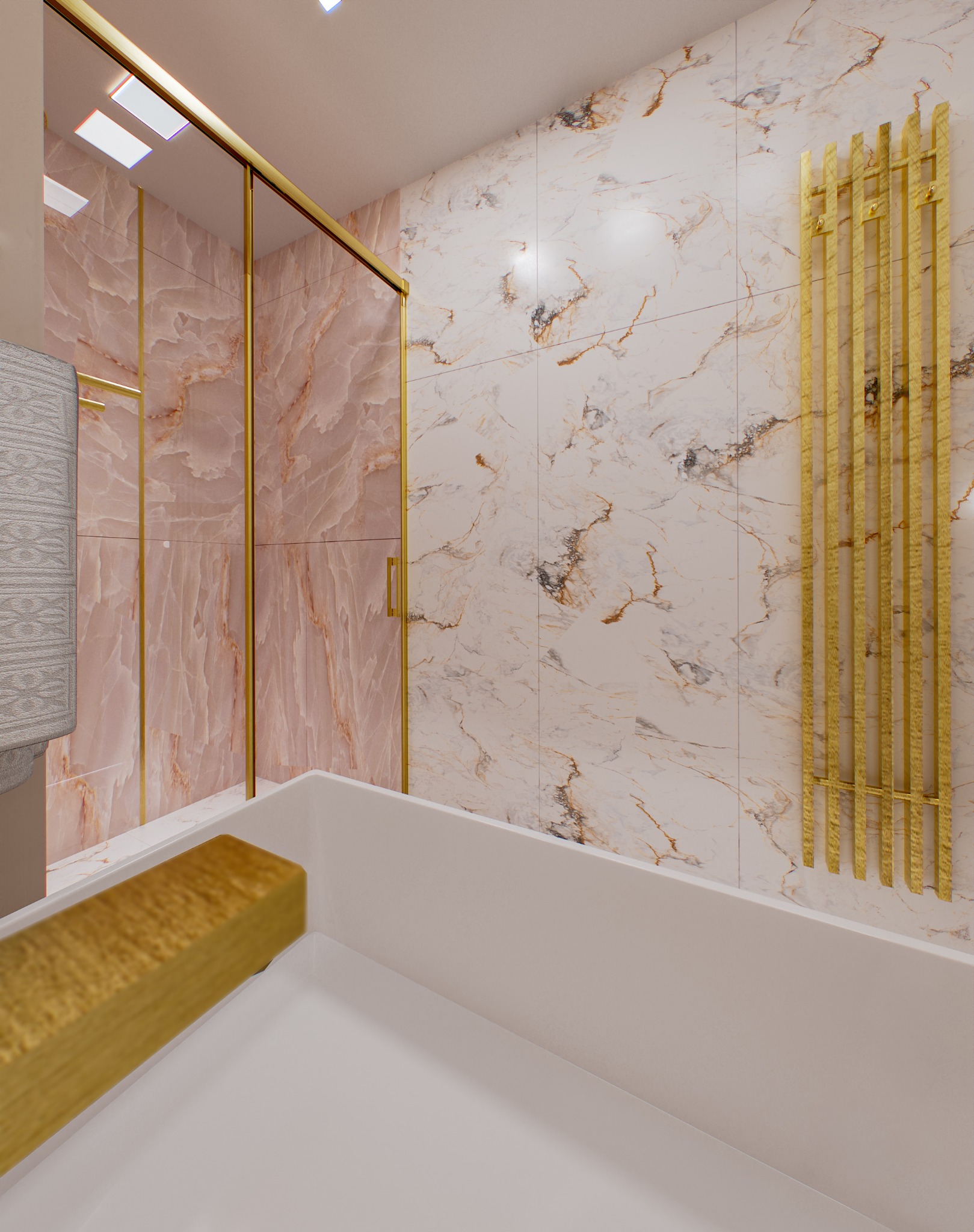 Nowoczesna łazienka z kabiną prysznicową w odcieniach różu i złota. Marmurowe płytki na ścianach, biała wanna i złoty grzejnik dekoracyjny.