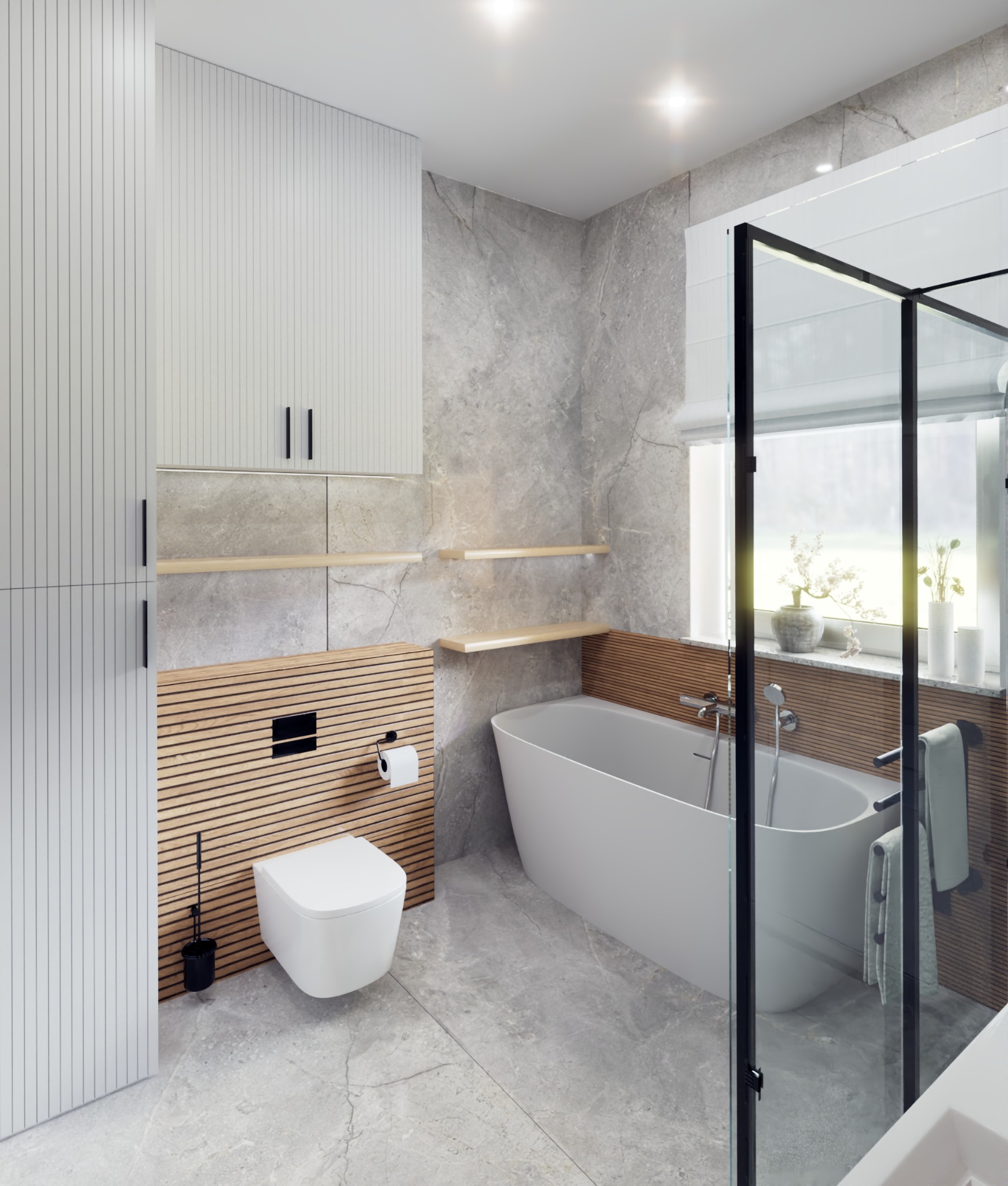 Nowoczesna łazienka z wanną wolnostojącą, toaletą podwieszaną i szarą marmurową okładziną. Drewniane akcenty i minimalistyczne półki dodają ciepła. Kabina prysznicowa ze szkła.