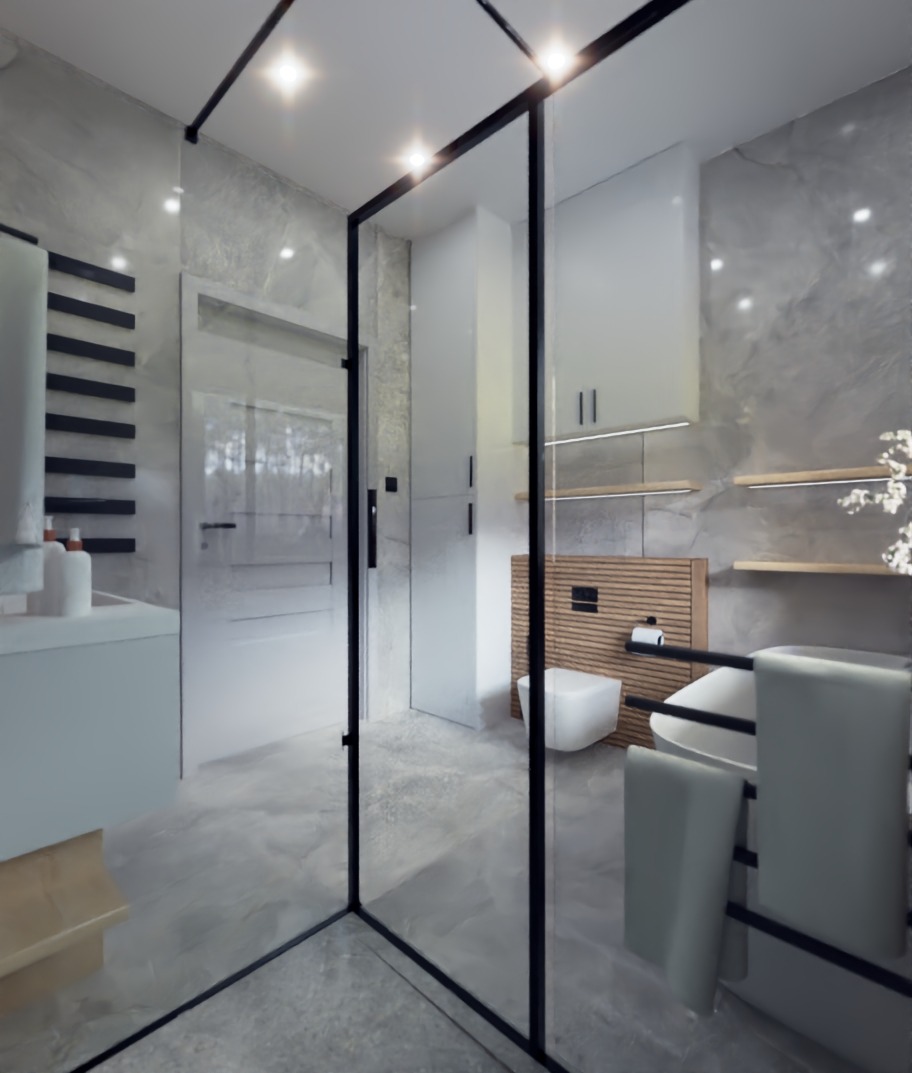 Nowoczesna łazienka z kabiną typu walk-in, szare płytki imitujące marmur, drewniane akcenty i minimalistyczne oświetlenie LED. Projekt łazienki w stylu skandynawskim.