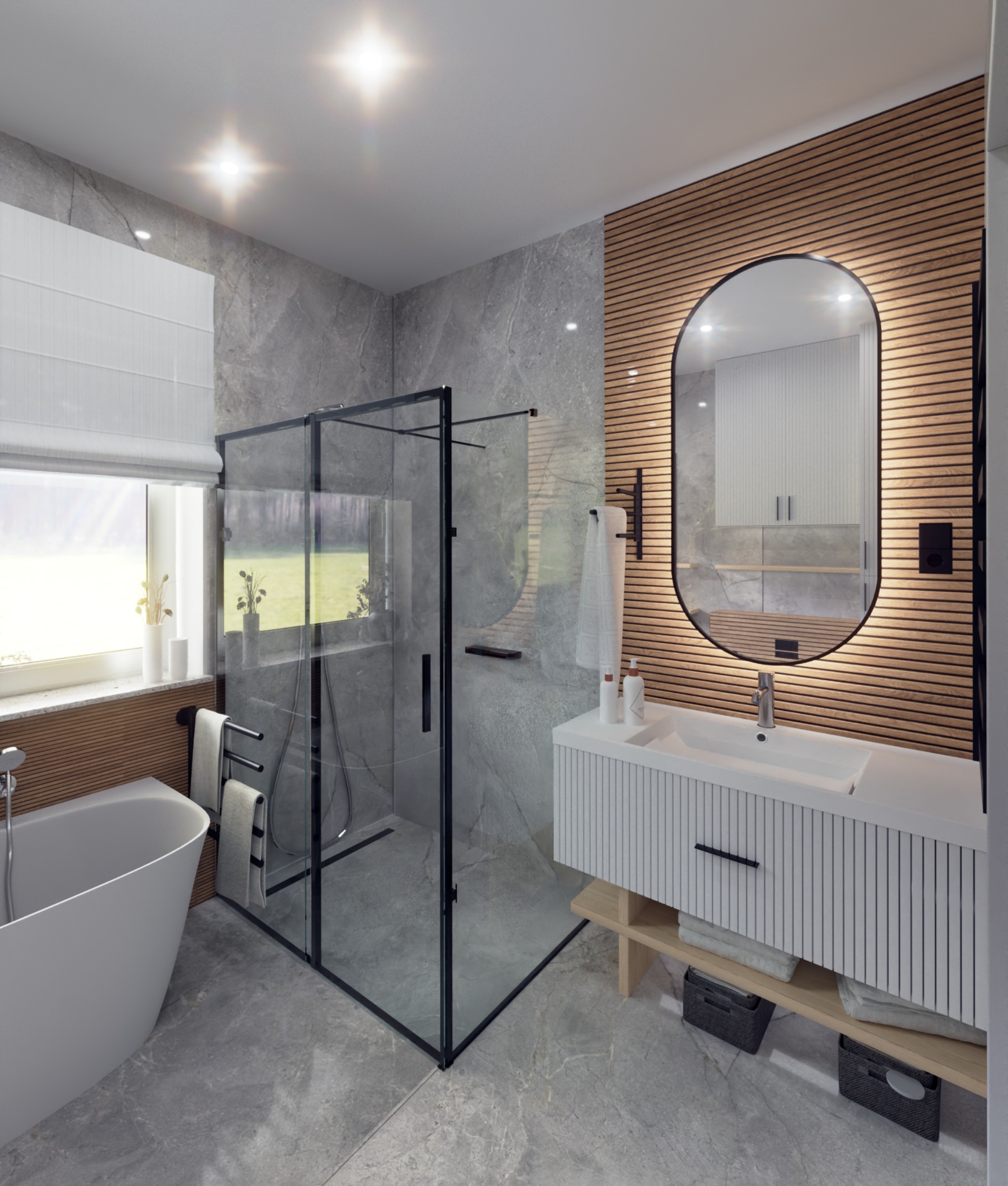 Nowoczesna łazienka z kabiną prysznicową typu walk-in, umywalką na szafce z lamelami i podświetlanym lustrem w kształcie łuku na drewnianej ścianie.