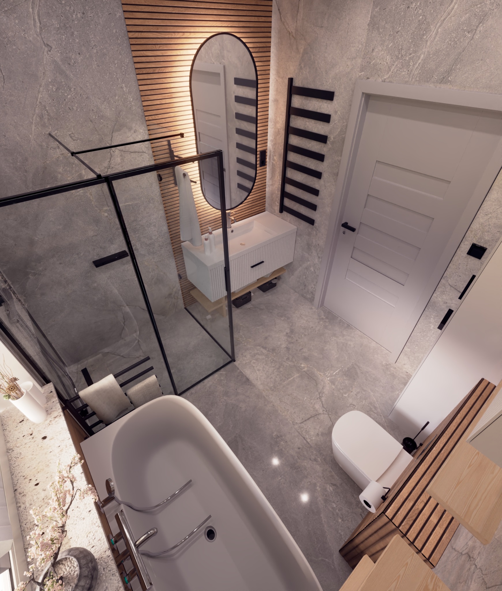 Nowoczesna łazienka z wanną, kabiną prysznicową typu walk-in, umywalką z szafką i lustrem z podświetleniem LED. Szare płytki imitujące kamień i drewniane lamele.