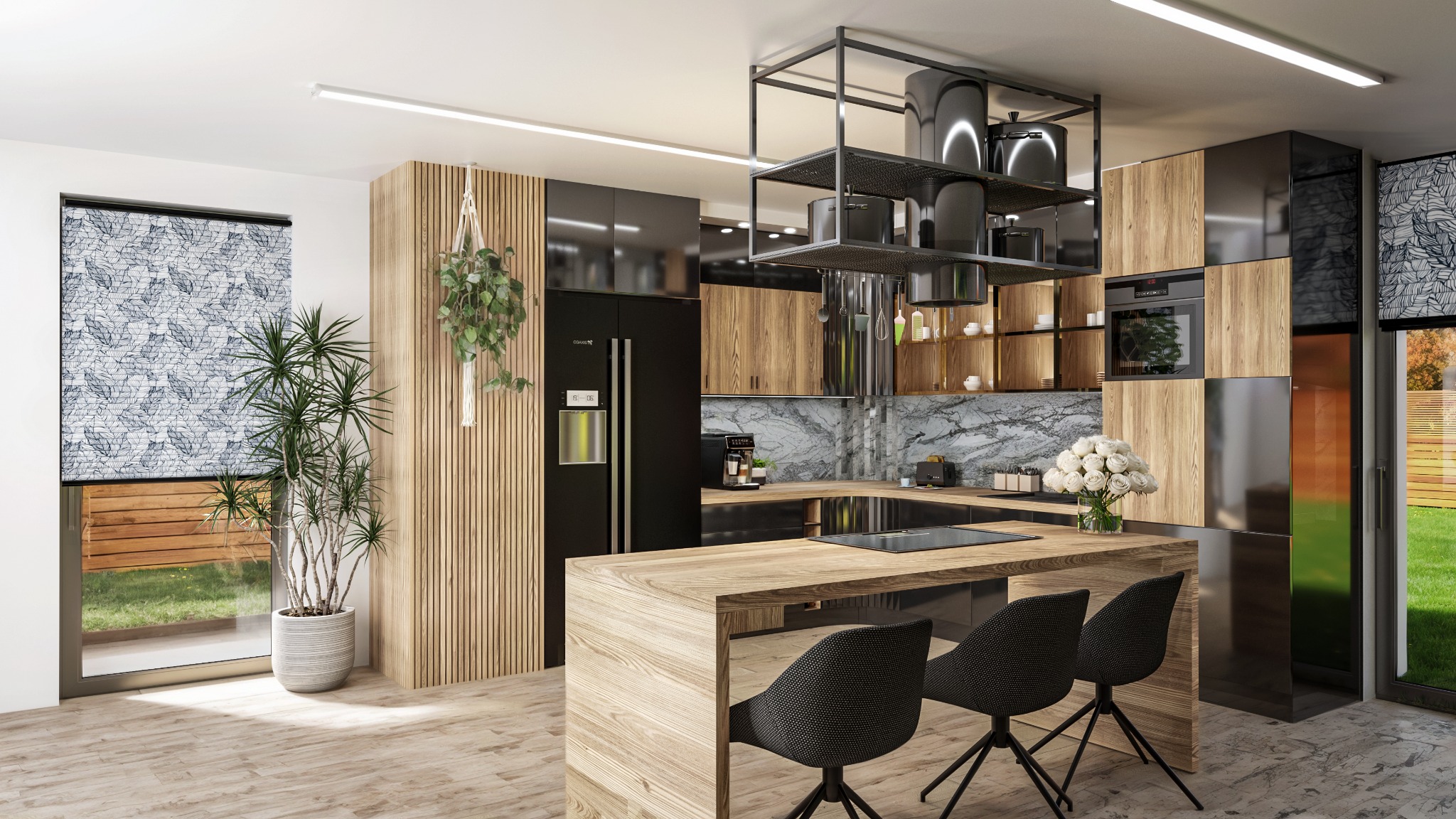 Nowoczesna kuchnia we Wrocławiu z drewnianymi akcentami i czarnymi elementami. Widoczne krzesła barowe, rośliny doniczkowe i marmurowy backsplash.