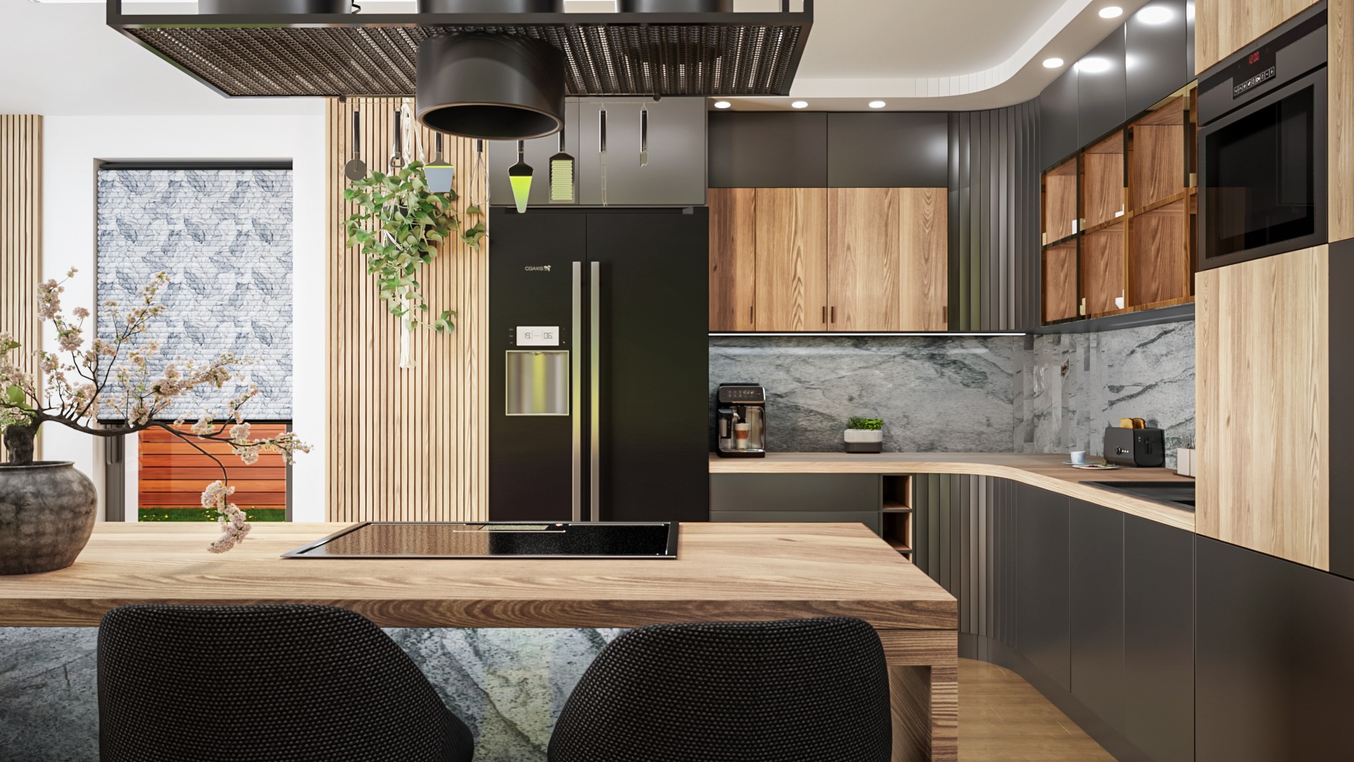 Nowoczesna kuchnia z wyspą: drewniany blat, czarne szafki, marmurowy backsplash, designerskie oświetlenie i dekoracje roślinne. Ujęcie z perspektywy użytkownika.