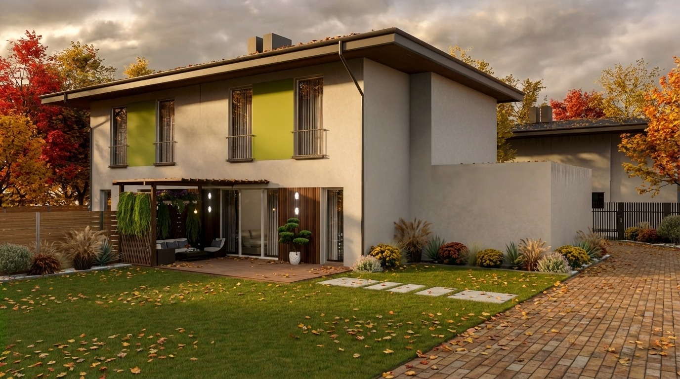 Wizualizacja domu dwukondygnacyjnego z ogrodem w jesiennej scenerii. Jasna elewacja z zielonym akcentem, taras z roślinami, ścieżka z kostki brukowej.