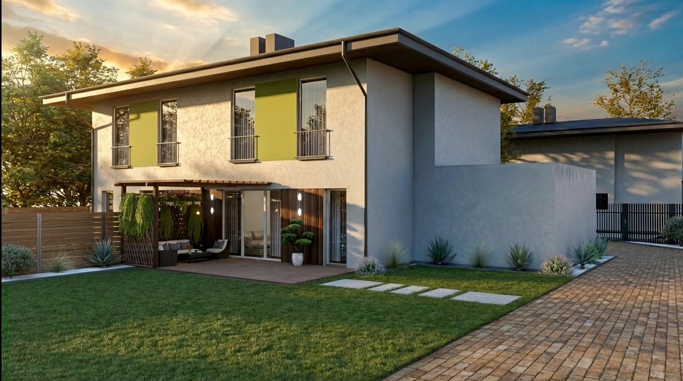 Wizualizacja dwukondygnacyjnego domu z płaskim dachem, tarasem i zadbanym ogrodem. Jasna elewacja, duże okna i nowoczesny design.