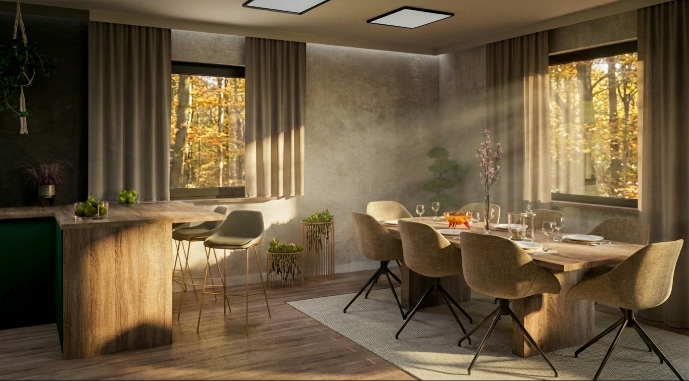 Jasne wnętrze jadalni z drewnianym stołem, krzesłami na obrotowych nogach i oknami z widokiem na jesienny las. Minimalistyczne lampy sufitowe i rośliny doniczkowe.
