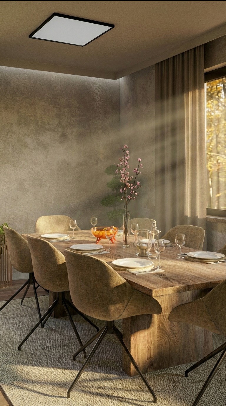 Jadalnia w ciepłych barwach: drewniany stół z nakryciem, krzesła obite beżową tkaniną, kwiaty w wazonie, nowoczesna lampa sufitowa i promienie słońca przez okno.
