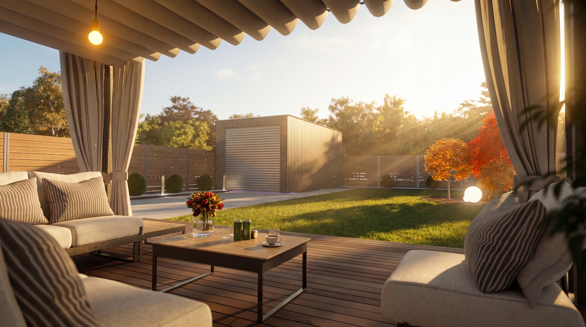 Zadaszony taras z drewnianą podłogą i meblami wypoczynkowymi. W tle trawnik, drzewa i budynek gospodarczy. Ciepłe światło słoneczne.