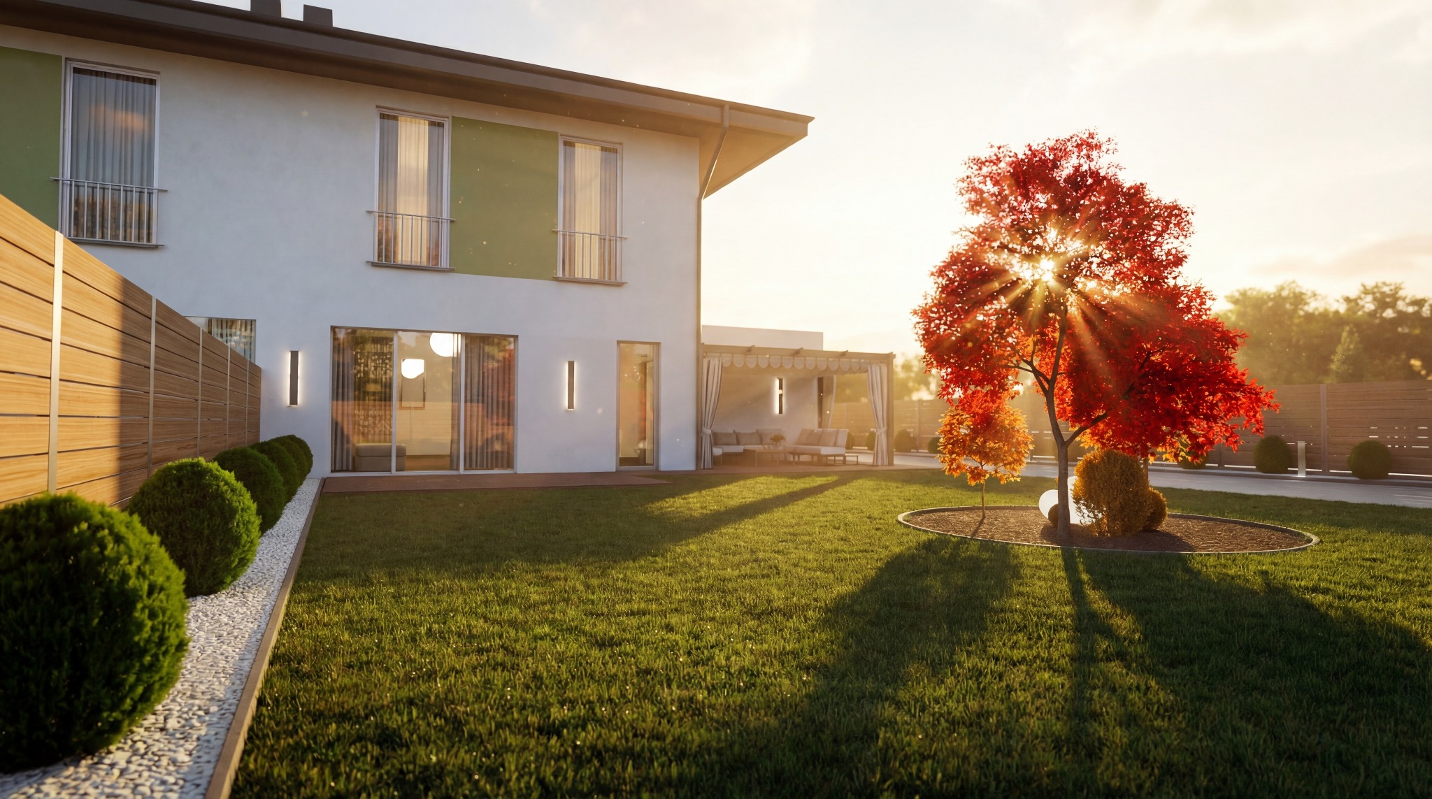 Wizualizacja domu jednorodzinnego z ogrodem w jesiennej scenerii, z promieniami słońca przebijającymi przez korony drzew. Nowoczesna architektura i starannie zaprojektowany krajobraz.