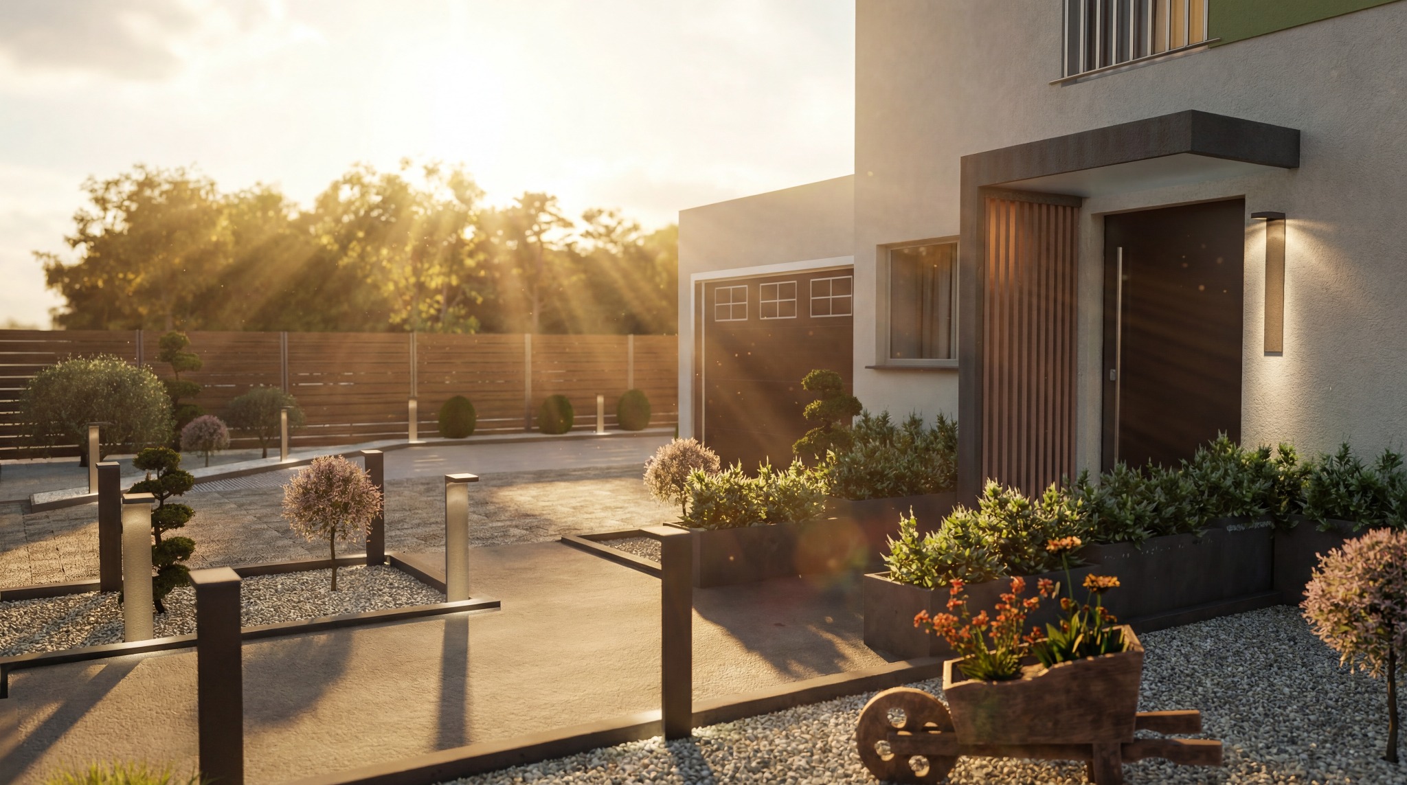 Nowoczesny dom z garażem i oświetlonym wejściem, otoczony starannie zaprojektowanym ogrodem z elementami dekoracyjnymi i roślinnością. Ciepłe światło słoneczne.