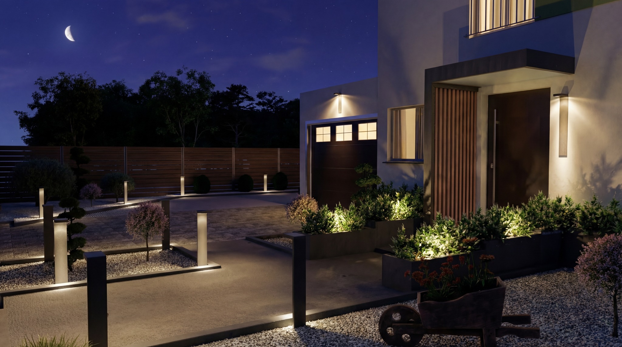 Nocna wizualizacja domu z podświetlonym ogrodem, garażem i wejściem. Oświetlenie podkreśla architekturę i roślinność. Widoczny księżyc w tle.