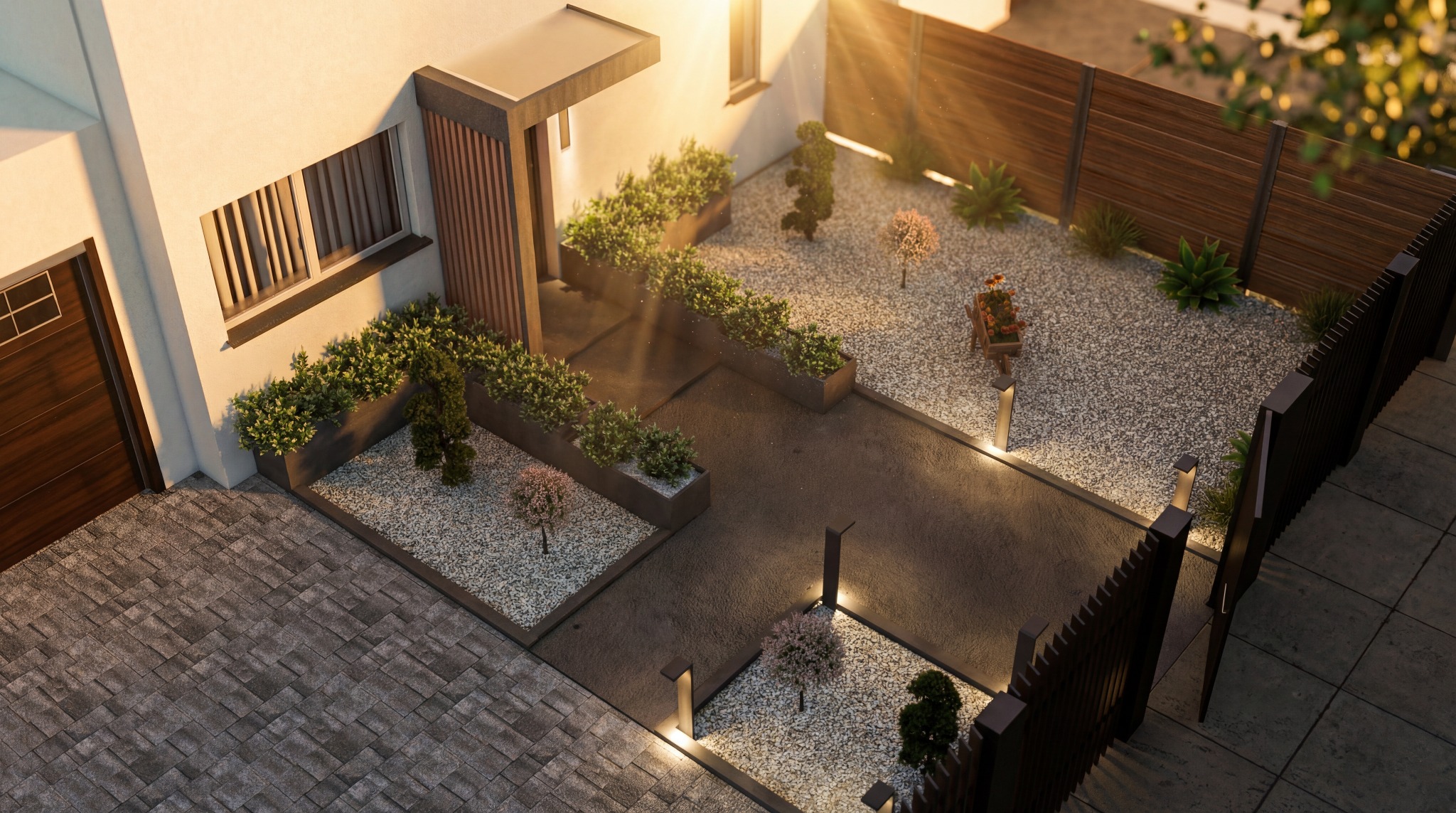 Nowoczesny ogród z podświetlanymi ścieżkami i roślinami w donicach, widok z góry. Minimalistyczny design z drewnianym ogrodzeniem i kamiennym podłożem.