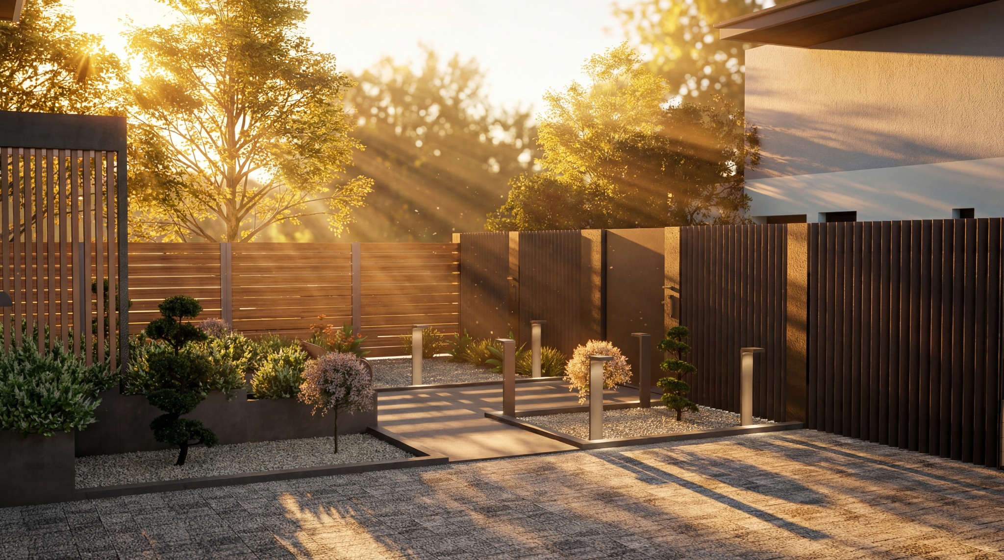 Nowoczesny ogród z drewnianym ogrodzeniem, oświetleniem i ozdobnymi roślinami w promieniach zachodzącego słońca. Minimalistyczny design z elementami japońskimi.