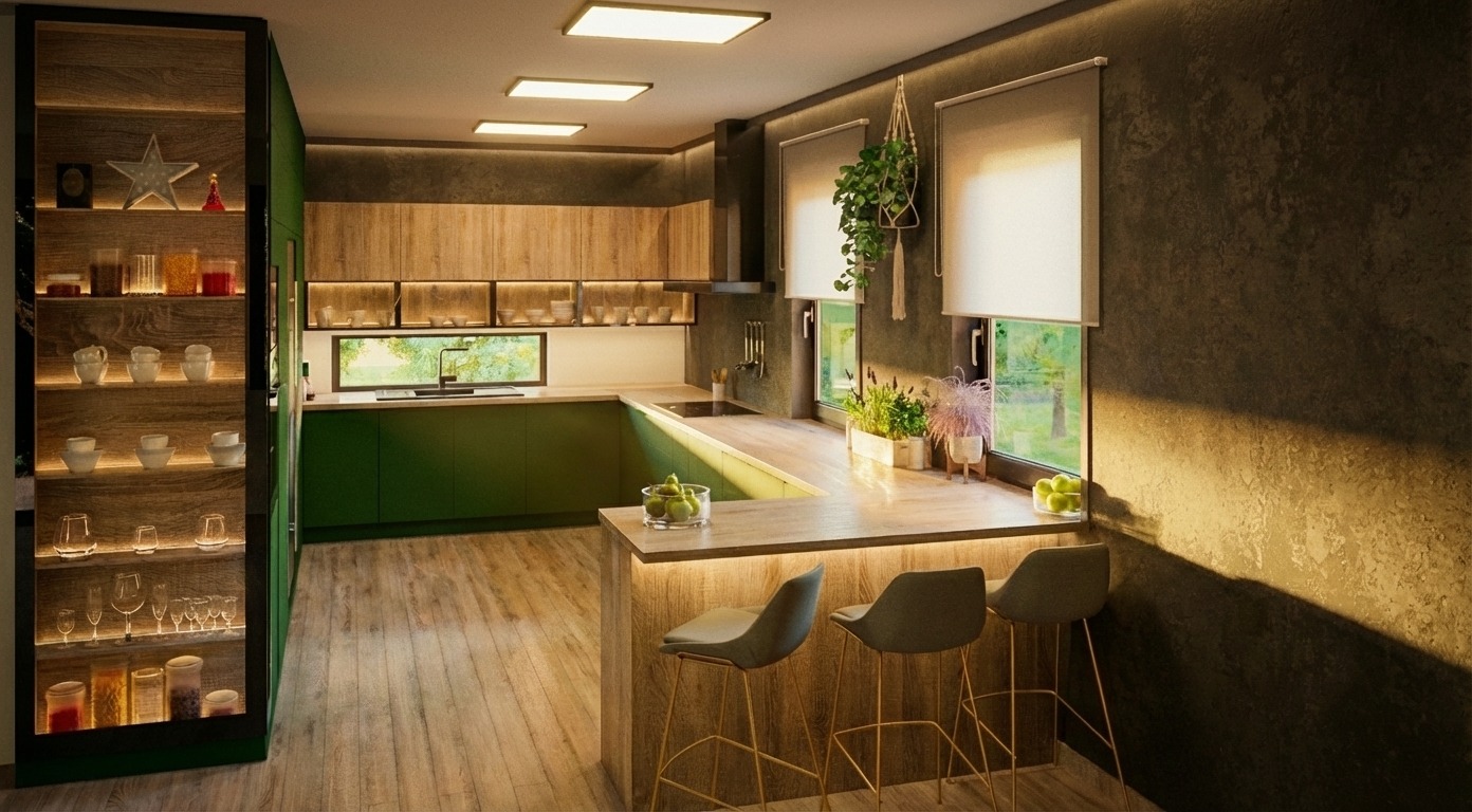 Nowoczesna kuchnia z zielonymi szafkami, drewnianymi blatami i oświetleniem LED. Wyspa kuchenna z trzema hokerami. Dekoracje roślinne i przeszklona witryna z oświetleniem.