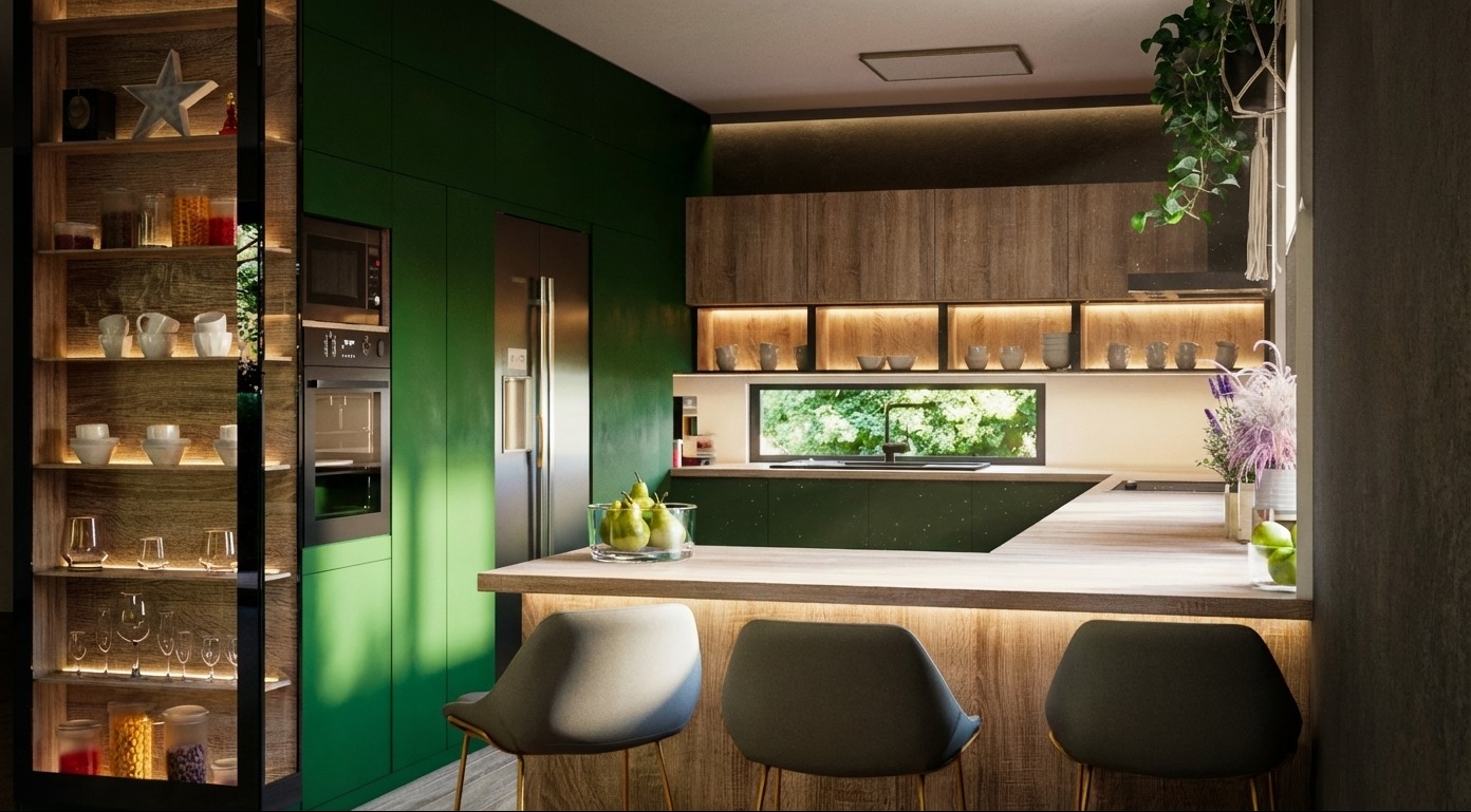 Nowoczesna kuchnia w odcieniach zieleni z drewnianymi akcentami, oświetleniem LED i barkiem z trzema krzesłami. Widok na okno i półki z dekoracjami.