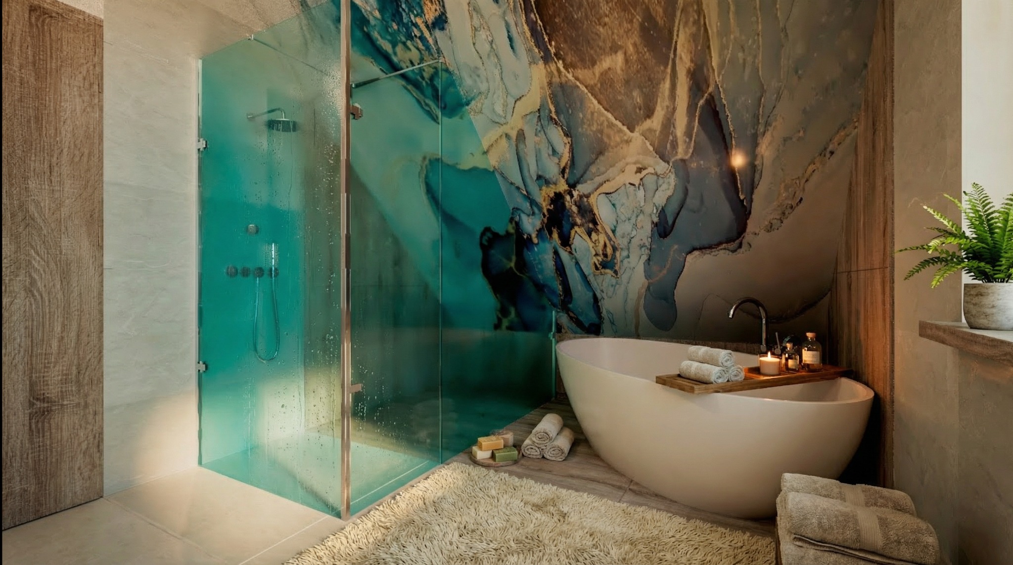 Nowoczesna łazienka z kabiną prysznicową w odcieniach turkusu i białej, wolnostojącej wanny. Dekoracyjna ściana z motywem abstrakcyjnym. Przytulny dywanik i akcesoria.