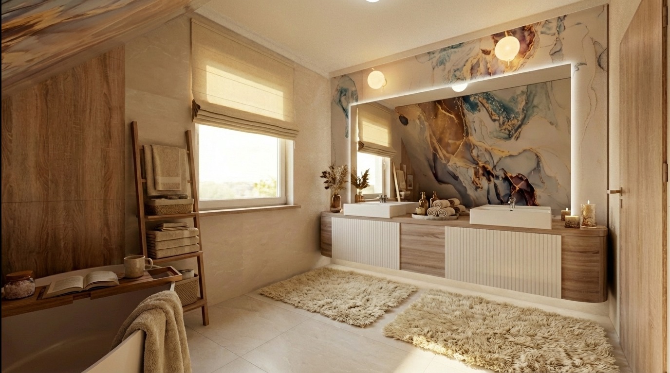 Jasna łazienka na poddaszu z drewnianymi akcentami, marmurową ścianą za lustrem i dekoracyjną drabinką na ręczniki. Okno z roletą rzymską wpuszcza naturalne światło.