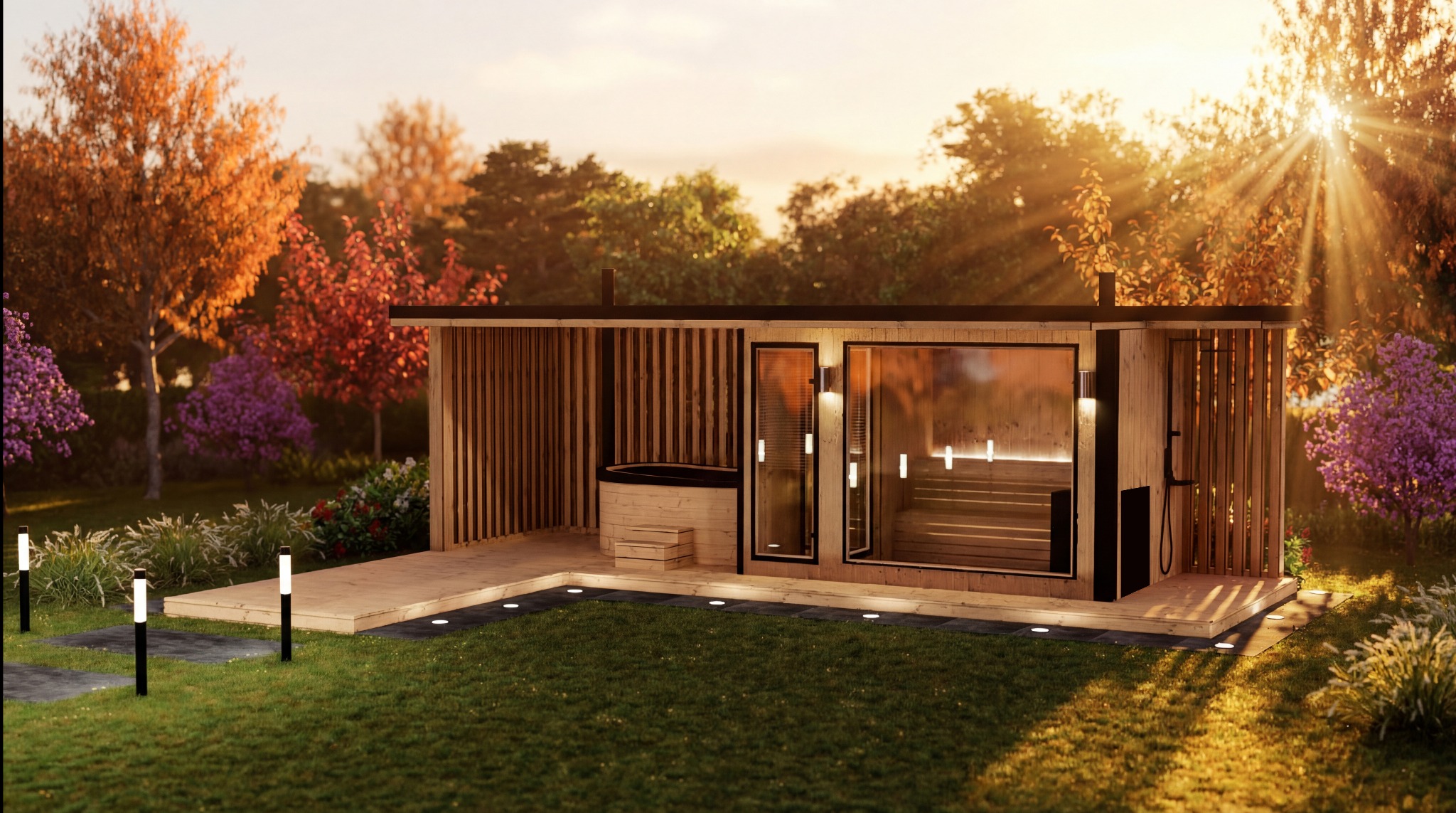 Nowoczesna sauna ogrodowa z jacuzzi, drewniana konstrukcja, oświetlenie punktowe, otoczona zielenią i drzewami w jesiennej scenerii, ciepłe światło zachodzącego słońca.