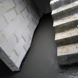 Wylewka betonowa pomiędzy murem z bloczków a betonowymi schodami zewnętrznymi, widoczne ślady po szalunku.