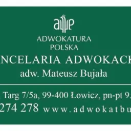 Zielone tło z białym tekstem informującym o Kancelarii Adwokackiej Mateusza Bujały w Łowiczu, z podanym adresem, telefonem i adresem strony internetowej.
