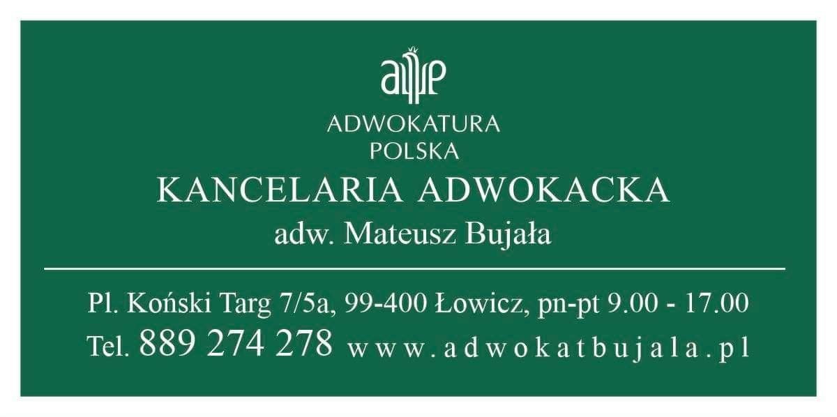 Zielone tło z białym tekstem informującym o Kancelarii Adwokackiej Mateusza Bujały w Łowiczu, z podanym adresem, telefonem i adresem strony internetowej.