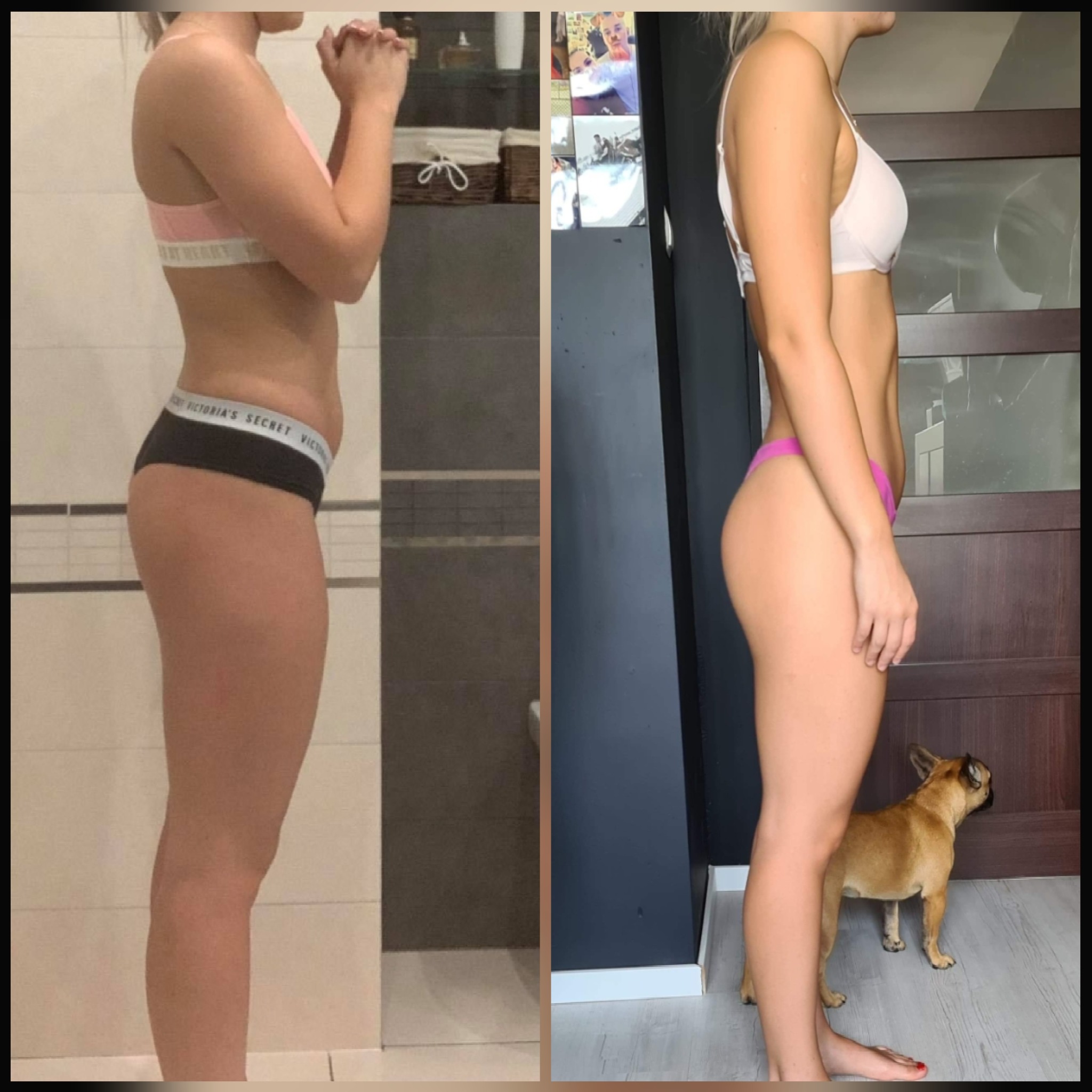 Kolaż dwóch zdjęć sylwetki kobiety przed i po, z widoczną zmianą w budowie ciała, obok stoi mały pies rasy buldog francuski.