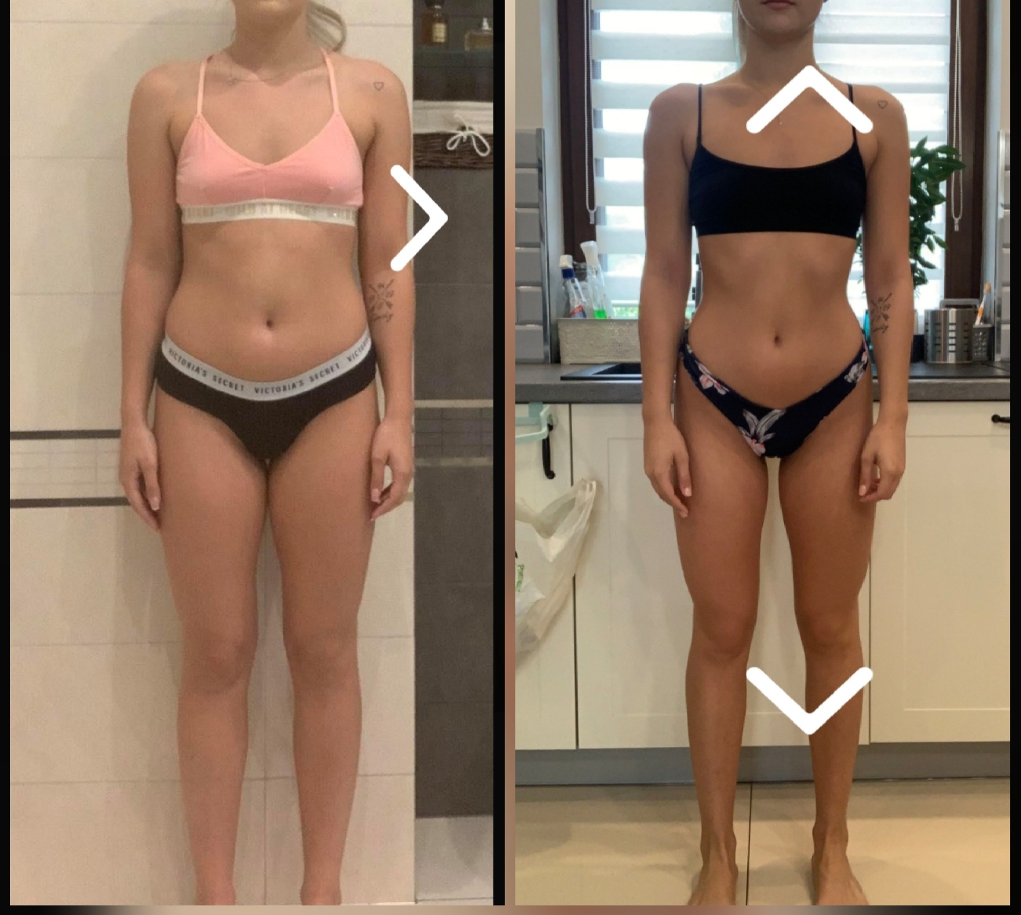 Porównanie sylwetki kobiety przed i po treningu, widoczne zmiany w definicji mięśni i redukcji tkanki tłuszczowej, z uwzględnieniem różnic w oświetleniu i otoczeniu.