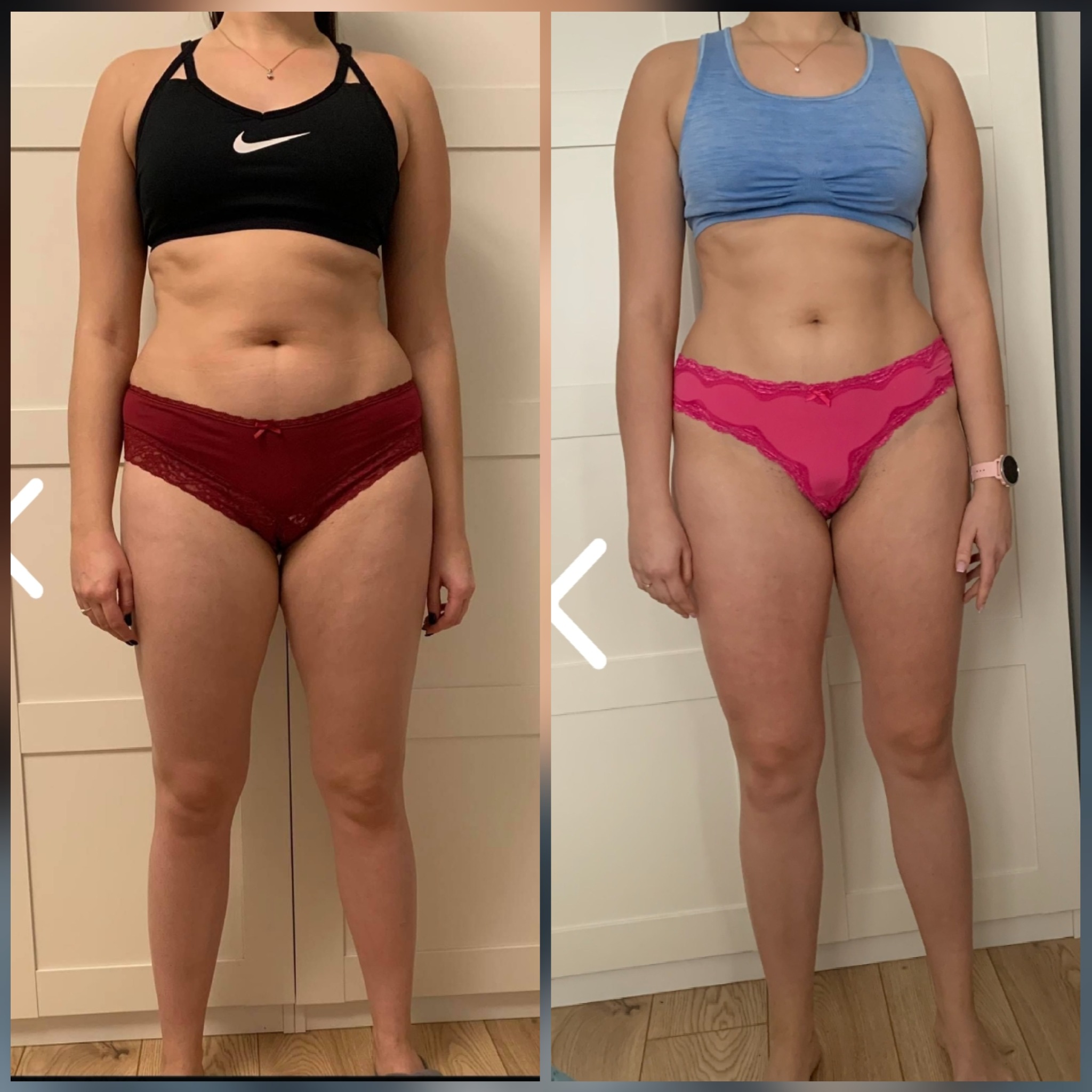 Kobieta w bieliźnie sportowej prezentuje metamorfozę sylwetki: po lewej stronie przed, po prawej po. Widoczna zmiana w obwodzie talii i ogólnej kondycji fizycznej. Na nadgarstku prawej ręki...