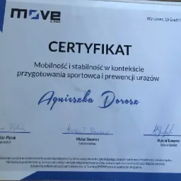 Certyfikat ukończenia szkolenia z mobilności i stabilności w kontekście przygotowania sportowca i prewencji urazów, wydany w Warszawie 10 Grudnia 2017, z podpisami organizatorów i szkoleniowców.