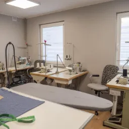 Jasne wnętrze pracowni krawieckiej z kilkoma maszynami do szycia, deską do prasowania, wykrojami i miarą krawiecką na stole.