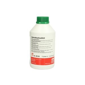 Biała plastikowa butelka z zieloną zakrętką zawierająca olej hydrauliczny ZF Zentralhydrauliköl, etykieta z tekstem w języku niemieckim, czerwony pasek na dole etykiety.