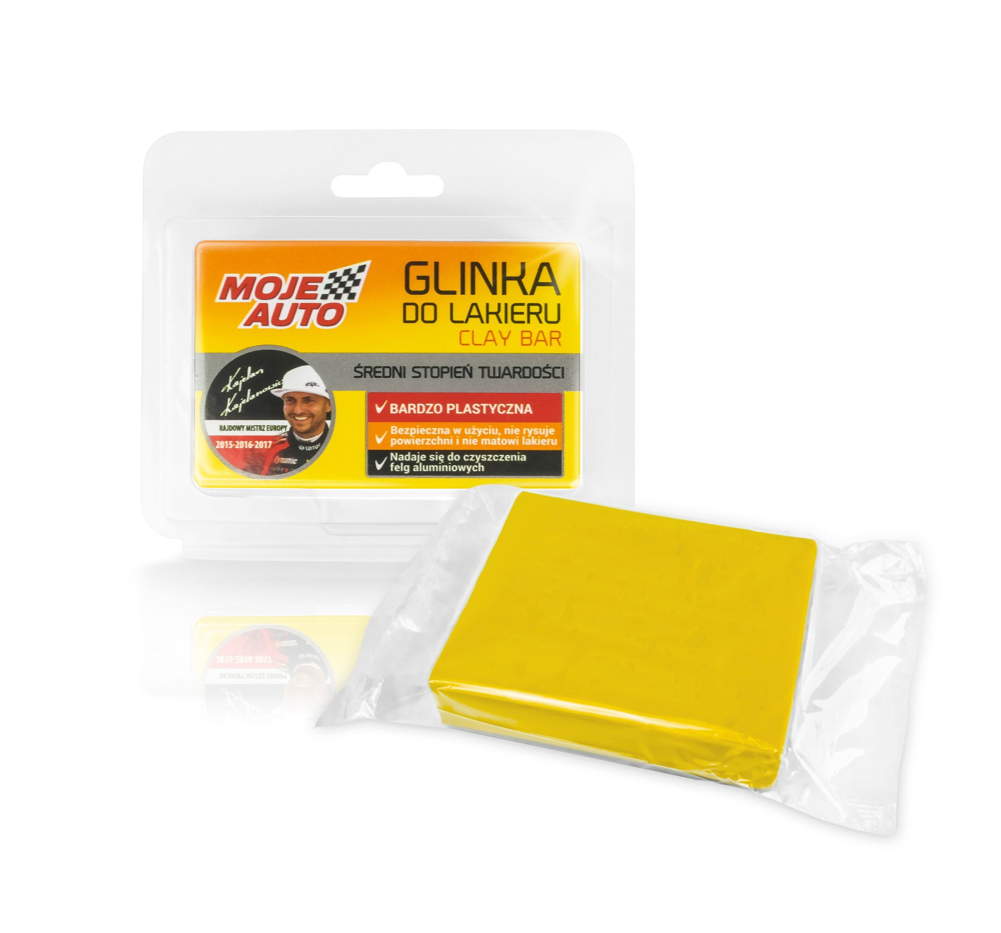 Żółta glinka do lakieru samochodowego w opakowaniu, obok opakowanie produktu marki Moje Auto, prezentacja produktu na białym tle.